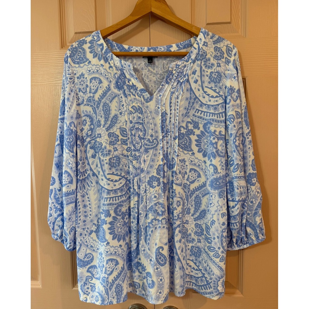 Talbots Blue White Paisley Pintuck V Neck Flowy Blouse 3/4 Sleeve Top Large